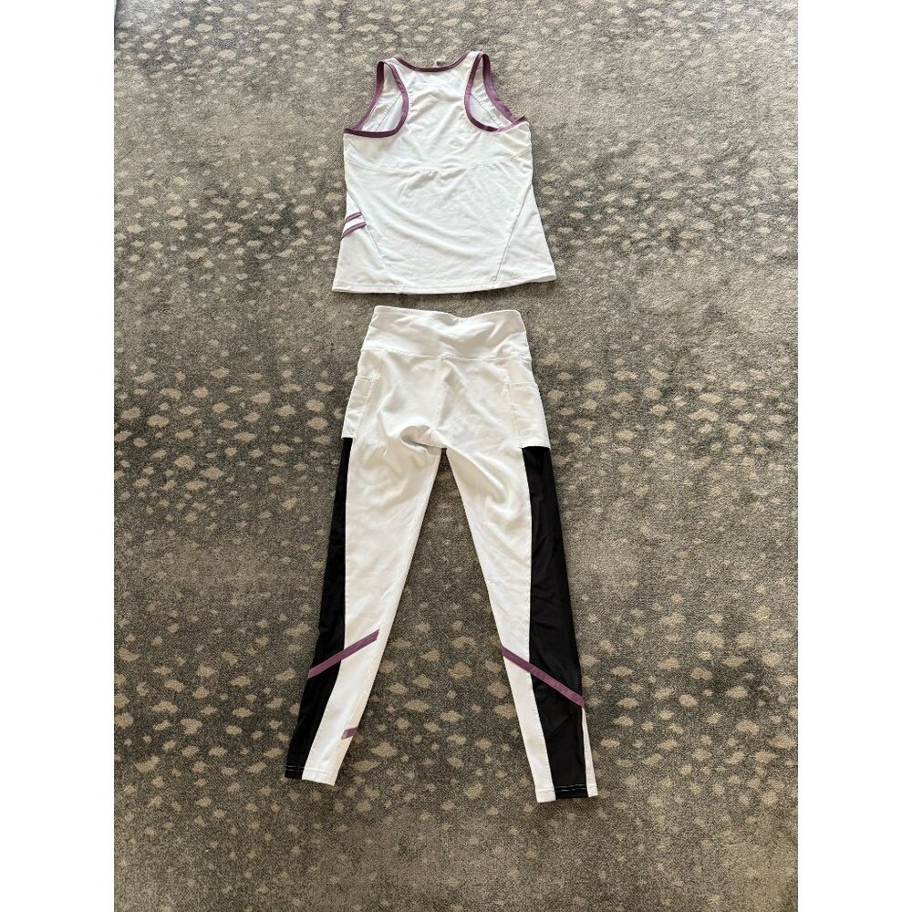 Women's White & Black High-Waist Leggings and Tank Set with Purple Trim